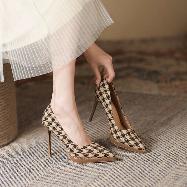 Thousand Birds Check Pointed Fine Heel High Heels Women Thousand Birds Check Pointed Fine Heel High Heels Women
