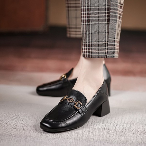 Horsebit Loafer Women's Leather Mid-heel Square Toe Women's Shoes Horsebit Loafer Women's Leather Mid-heel Square Toe Women's Shoes